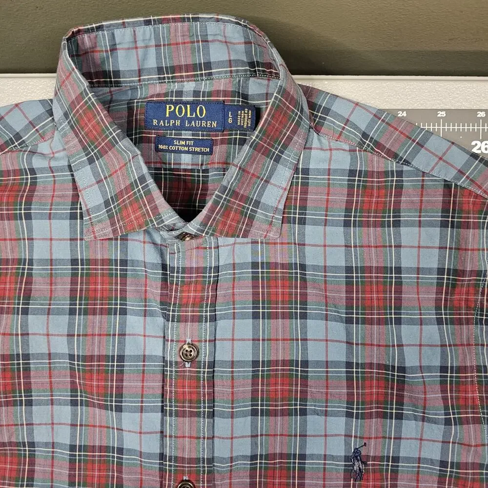 Polo Ralph Lauren Shirt Large Blue Plaid Slim Fit Stretch Preppy Academia Ivy